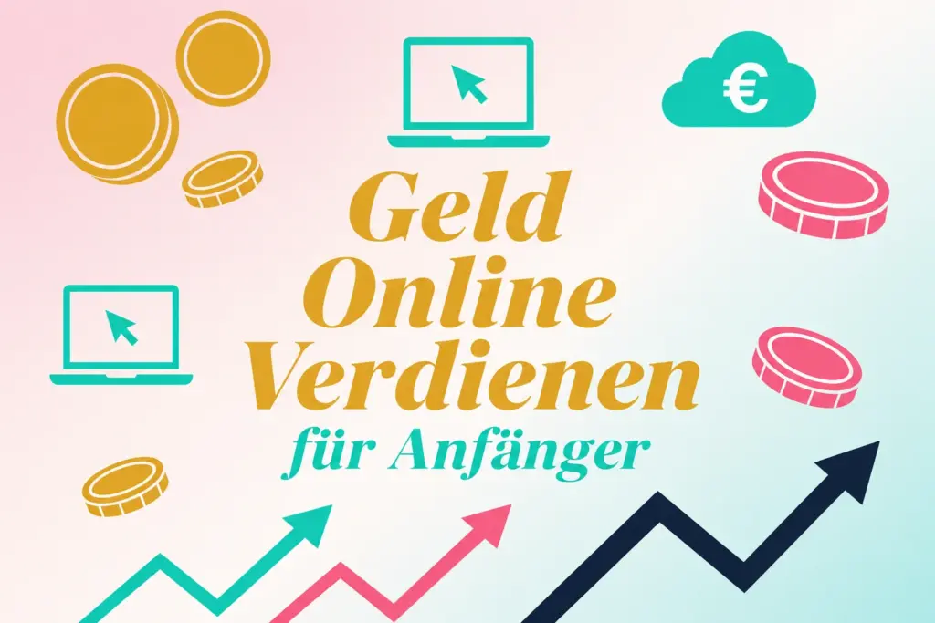 Laptop, Münzen und Wachstumspfeile symbolisieren online Geld verdienen für Einsteiger