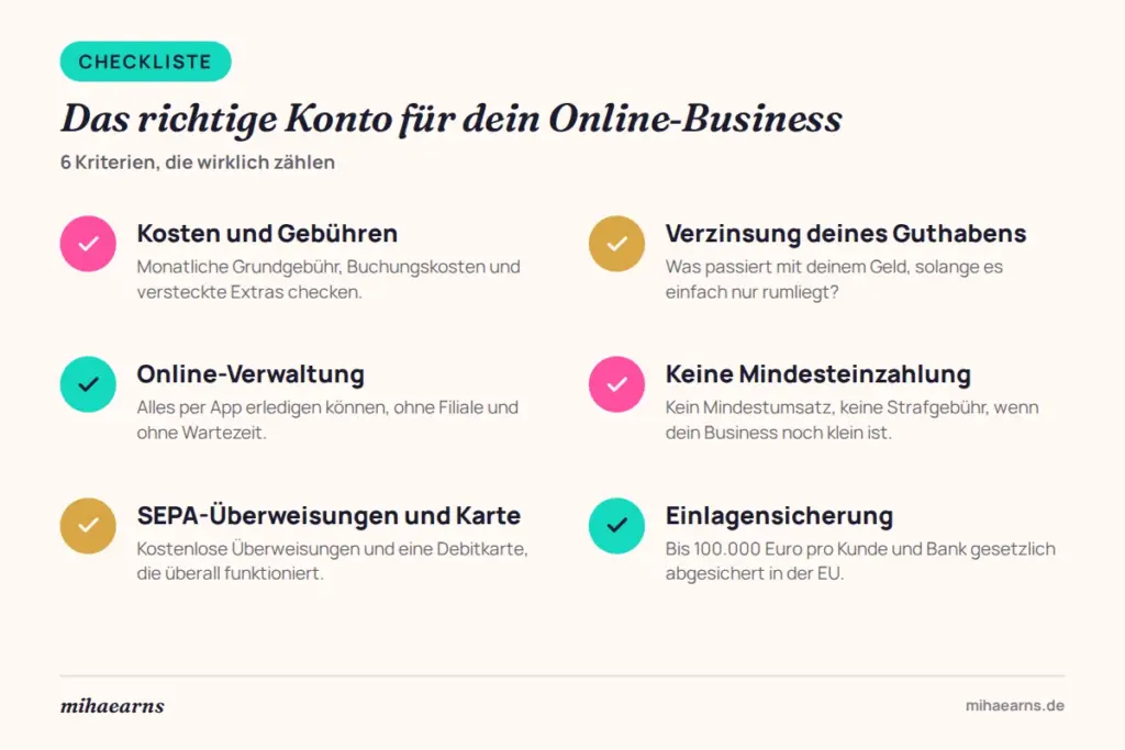 Checkliste mit 6 Kriterien für das richtige Konto im Online-Business